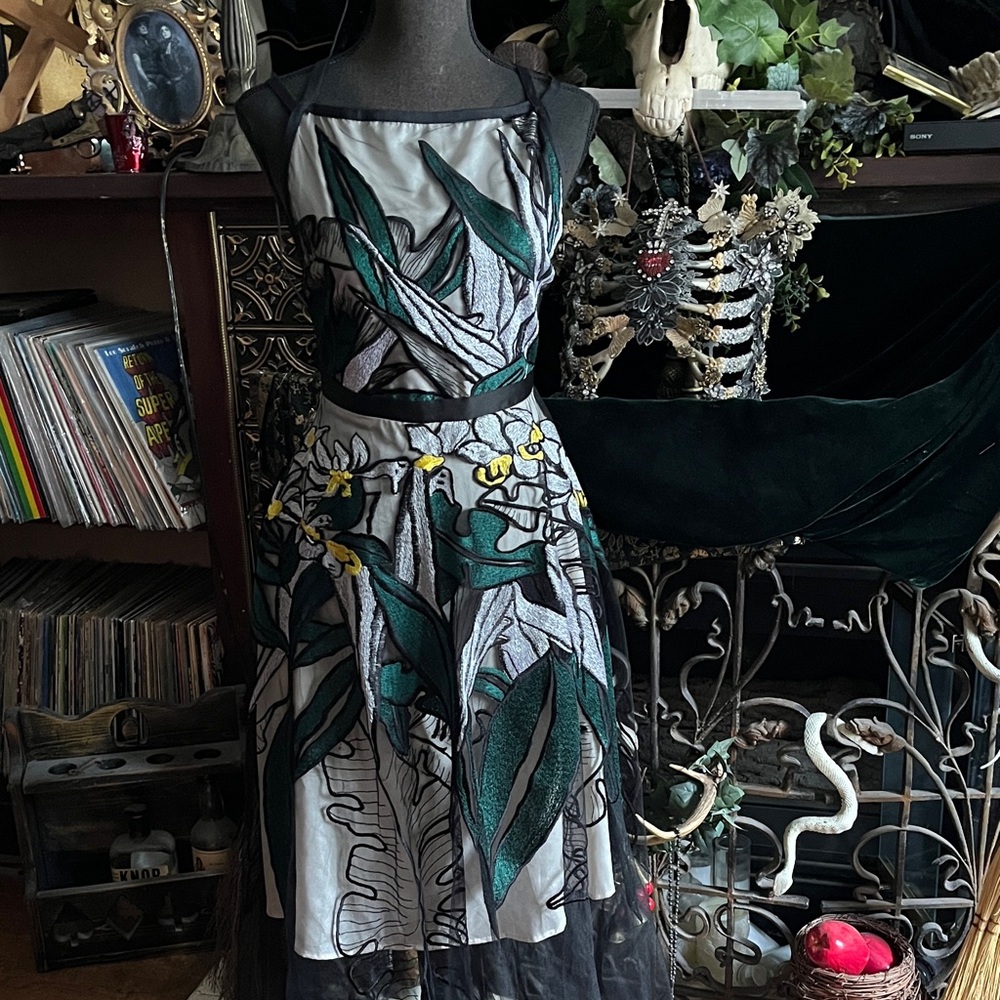 Sheer floral embroidered tulle strappy boat neck midi dress